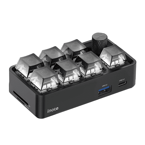 투명 키캡과 볼륨 노브, 전면 USB 포트가 있는 검정색 아이노트 CH75K